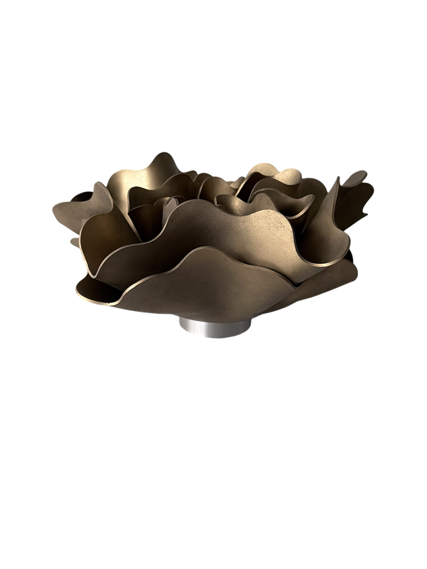 Aged Brass Peony Lamp, a sculptural lamp by Bec Stevens, seen from above on its base