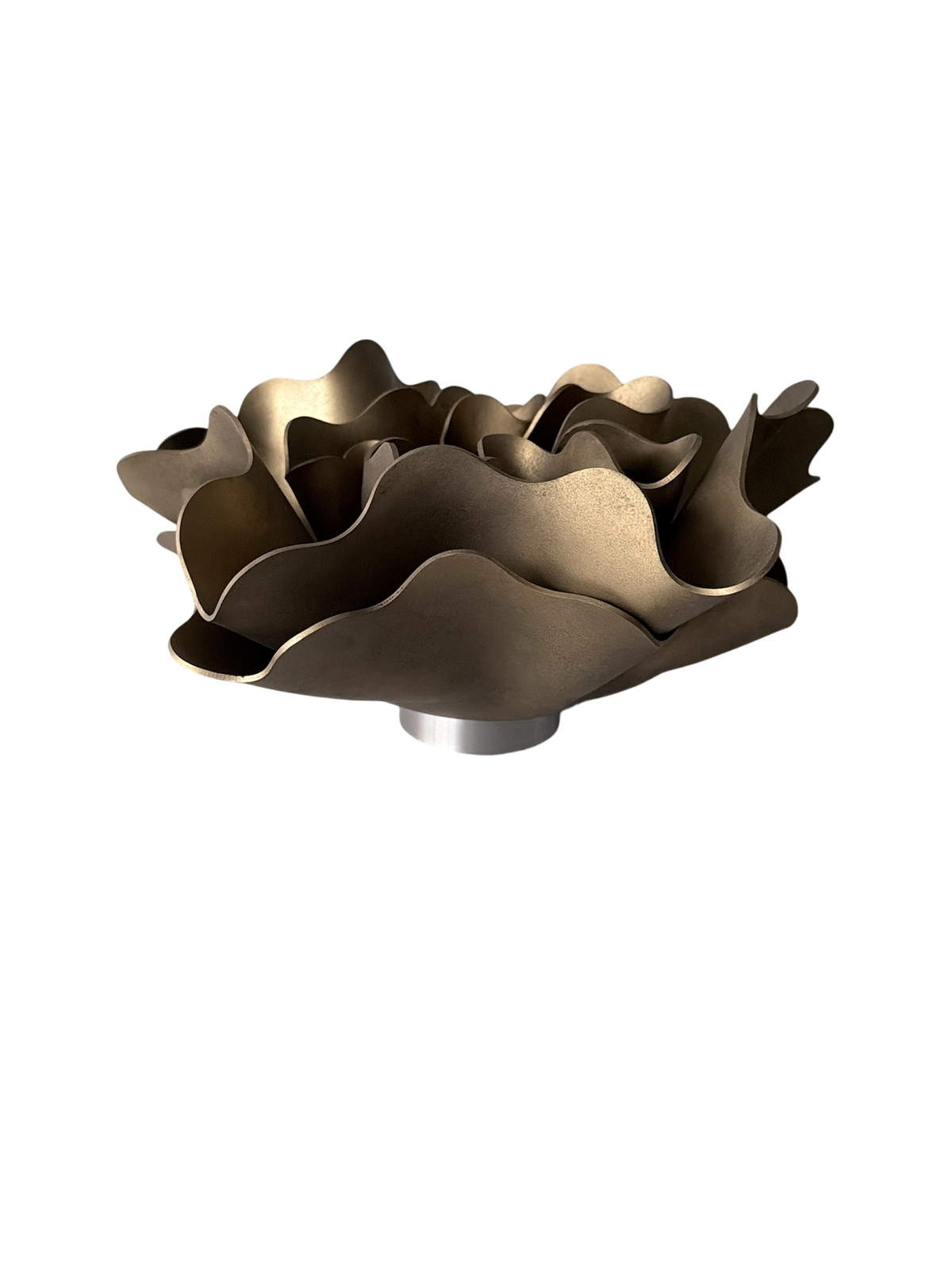 Aged Brass Peony Lamp, a sculptural lamp by Bec Stevens, seen from above on its base