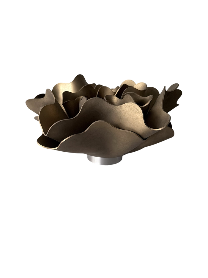Aged Brass Peony Lamp, a sculptural lamp by Bec Stevens, seen from above on its base