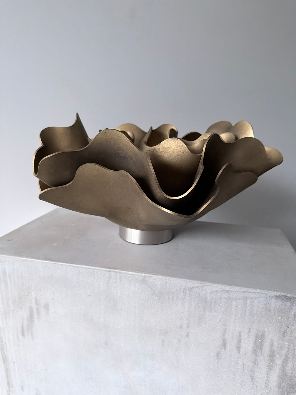 Aged Brass Peony Lamp, a sculptural lamp by Bec Stevens, on a concrete plinth, side view